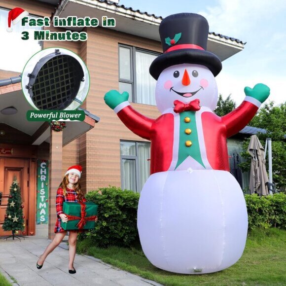 ⚡12FT Christmas Inflatable Snow Man Wear Magic Hat & Red Suit Outdoor Decoration - Picture 4 of 6